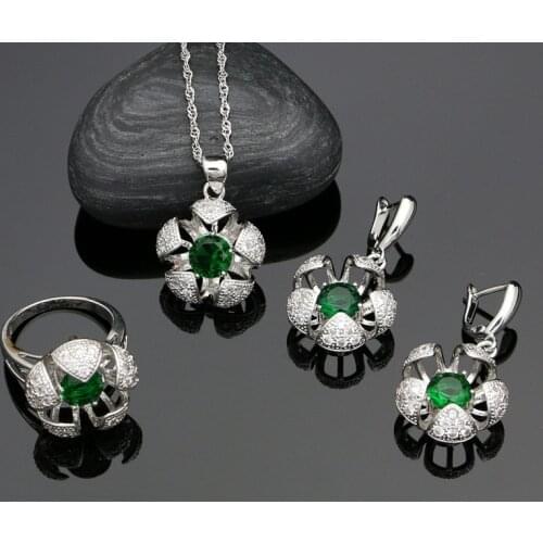 925 Silver Jewelry Sets Green Zircon White Crystal For Women Earrings/Ring/Pendant/Necklace Set