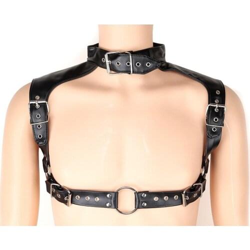 Men Gay Fetish PU Leather Combat Chest Harness Belt Top with Center D-Ring Fantasy Role Play Hen Party Night Club Costume