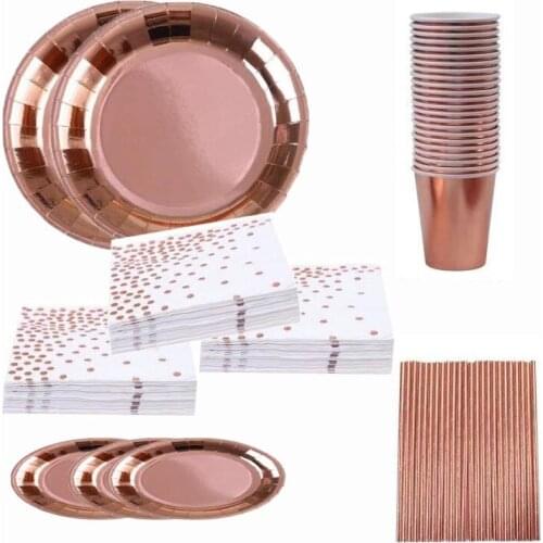 50pcs Rose Gold Disposable Tableware Set Party Cup Plates Napkin Straw Foli Wedding Dinnerware Decor Birthday Party Supplies