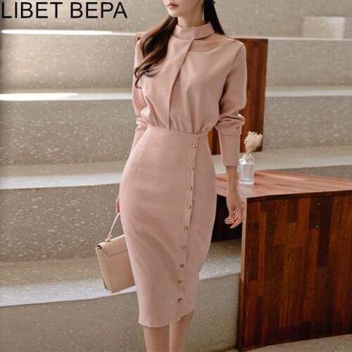 2021 New Autumn Women Dress Offical Lady Turtleneck Hollowing Out Sexy Package Hip High Waist Patchwork Dress Buttons Midi DR776