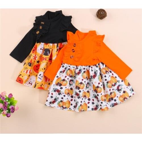 Halloween Little Girls Long Sleeve Pumpkin / Grimace Printed O-neck Dress For 1-4Years Black/orange