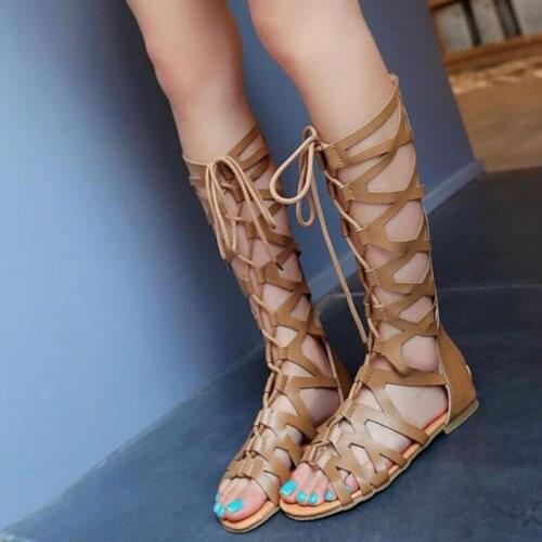 2018 Roman Gladiator Bandage Sandals Women Knee High Flat Sandalias Botas Femininas Women Shoes Girls Summer Hollow Knee Boot