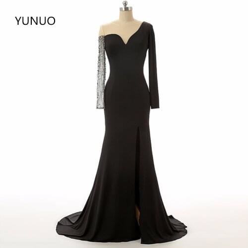 YUNUO Black Floor-Length Prom Dresses See Through Party Robe De Soiree Sequins Mermaid Evening Dresses Vestido De Festa