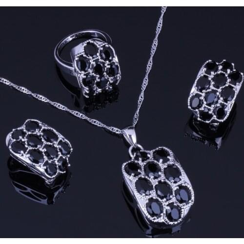 Very Good Black Cubic Zirconia Silver Plated Jewelry Sets Earrings Pendant Chain Ring V0250