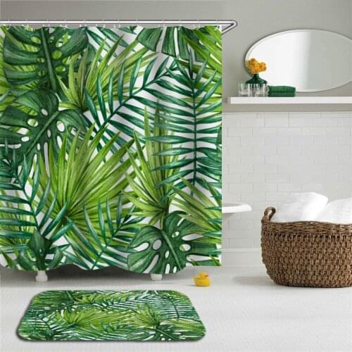 2pc Green Plants Leaves Shower Curtains Set Bathroom Waterproof Polyester With Rectangle Non-slip Floor Mat Bath Curtain Set