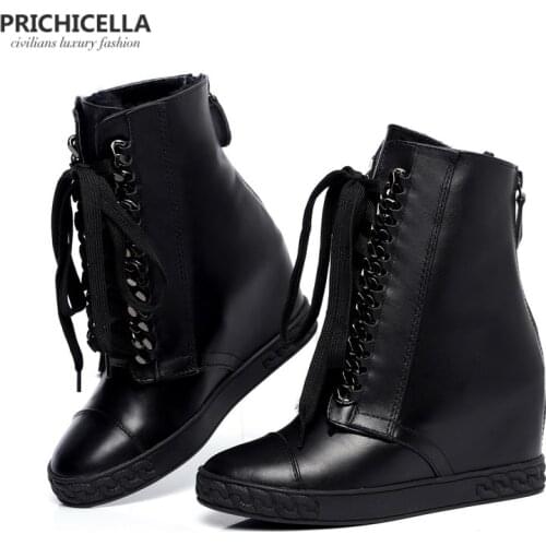PRICHICELLA Silver chained lace up wedge ankle boots genuine leather winter boots for women