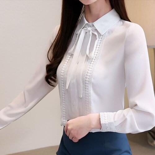 Women Long Sleeve Shirts Chiffon Cardigan Blouse 2021 Office Lady Slim Regular Ribbon Polyester Womens Clothing 5125 50