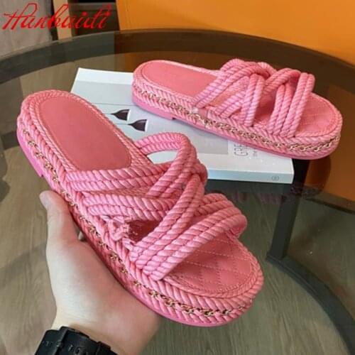 Hemp Rope Women Summer Slippers Fashion Chian Weave Women Mules Runway Outfit Beach Sandals Flats Party Dress Shoes Women 2021