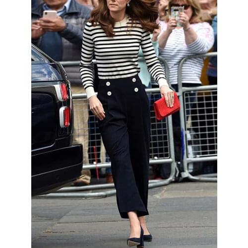 Kate Middleton New Fashion High Quality Party Office Striped Sweater Top Loose Black Trousers Vintage Elegant Chic WomenS Sets