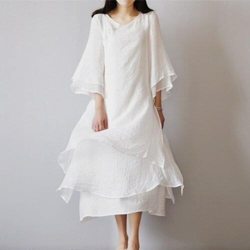 QPFJQD National Wind Women Three Layer Fake Two Piece Dresses Long 2021 Autumn Summer Loose Large Size Cotton Linen Dress White