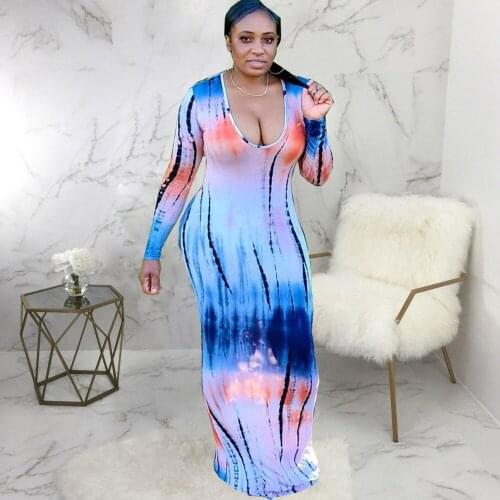 Women Floor Length Bohemian Beach Dress Gradient Color Tie Dye Print Bandage Holiday Dresses Vintage Low Neck Long Sleeve Dress