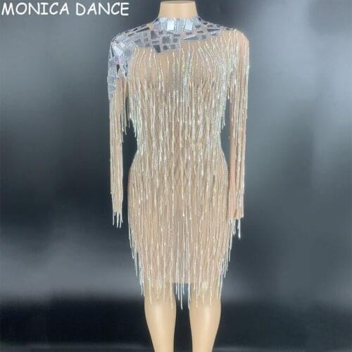 Nightclub Sexy Stage Silver Rhinestones Fringe Transparent Mirror Dress Long Sleeves Women Dancer Dress Birthday Outfit Dress