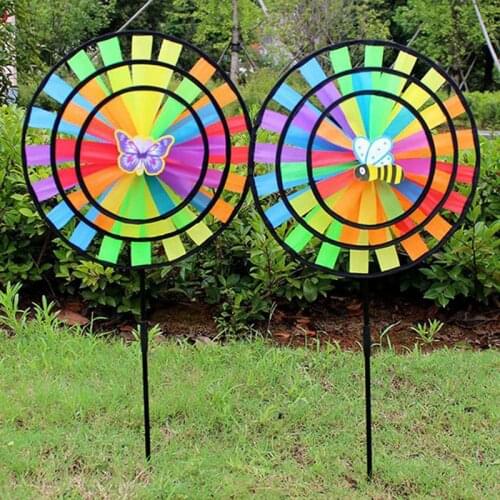 1pcs 34cm Colorful Rainbow Triple Wheel Wind Spinner Windmill Garden Yard Decor Toys