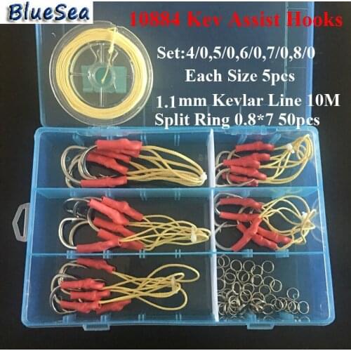BlueSea 75pcs 10884 Kevlar Assist Hooks Kevlar Jigging Assistant Hooks With High Stronger Kevlar Fishing Line With Split Rings