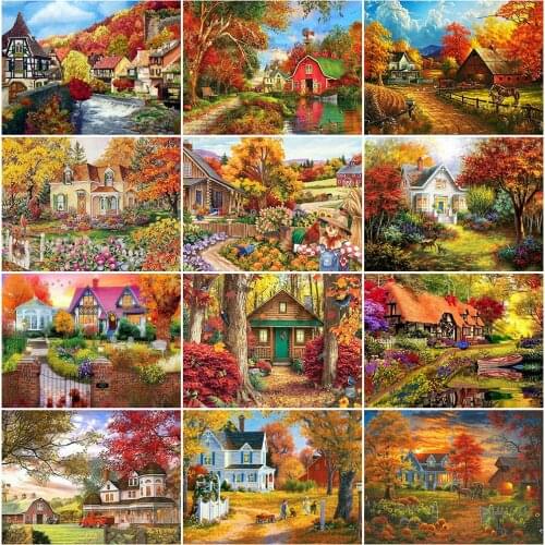 EverShine Diamond Embroidery Autumn Diamond Painting Kit Full Square Landscape Beaded DIY House Rhinestones Art Decor For Home