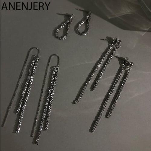 ANENJERY 925 Sterling Silver Shiny Tassel Long Earring For Women New Design Light Luxury Earline Drop Shape Earrings