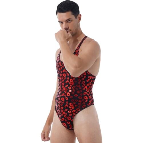 Lip/ Skull Print Bodysuit Men Summer Fashion Elastic Slim Round Neck Sleeveless High Cut Leatord One-Piece Swimsuit Nightwear