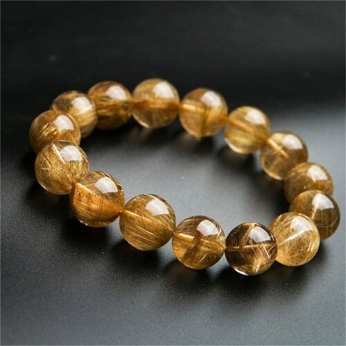 Brazil Natural Golden Rutilated Quartz Bracelets Woman Men Powerful Stretch Crystal Round Bead Bracelet 15mm