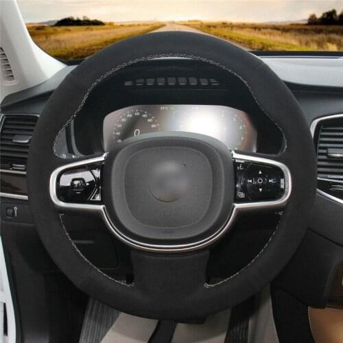 Car Steering Wheel Cover Custom Made Anti-Slip Hand-Sewing Black Suede Leather DIY for Volvo XC90 2014-2020