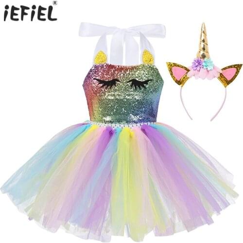 Kids Girls Colorful Halter Neck Carnival Cosplay Party Costume Dress Up Shiny Sequins Cartoon Mesh Tutu Dress with Hair Hoop Set