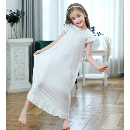 Girls White Maxi Pajamas Dress 2021 Summer New Baby Girl Bow Long Sleepwear Dresses Kids Home Nightdress 3-12Year
