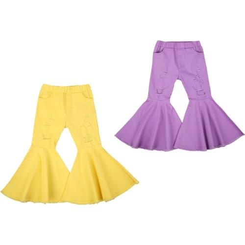 FOCUSNORM 2-7Y Kids Girl Fashion Pants Elastic High Waist Solid Color Ripped Hole Flare Pants Keep Warm Winter Fall Clothes