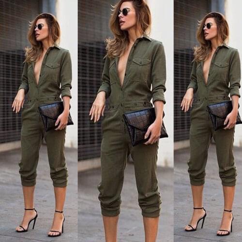 Women Jumpsuit Long Sleeve Pants Cargo Buckle Belt Military Romper Front Zip Striped Overalls Female Streetwear