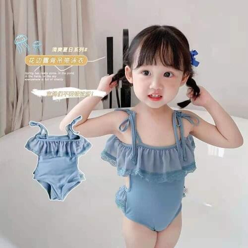 Baby Girls Swimsuits 2021 Summer Ruffle Bikini Children Swimwear Cake Printed Backless Girls Beachwear