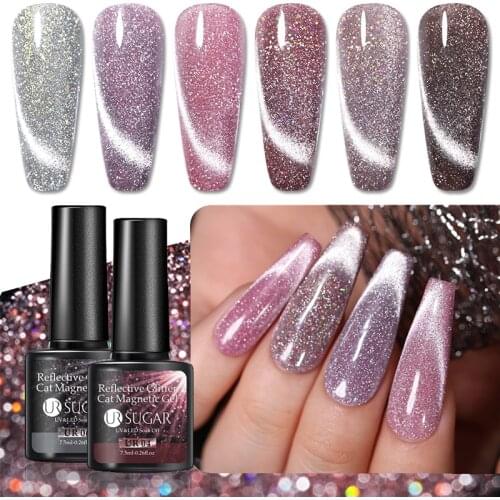UR SUGAR 7.5ml Reflective Glitter Cat Magnetic Gel Soak Off UV Nail Gel DIY Laser Effect Magnetic UV Gel for Nail Art Design