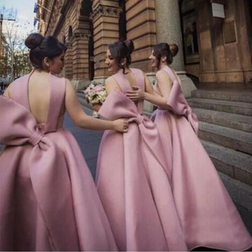 Cute Pink Princess Big Bow Backless Long Women Evening Dress Wedding Guest Dress Bridesmaid Dresses for Girls