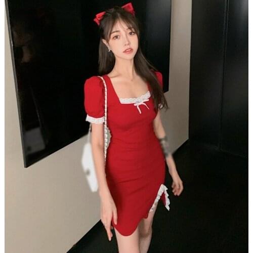 Fashion Lace Stitching Square Collar Dress Summer Causal Short Puff Sleeve Dress Party Dresses Summer Dress
