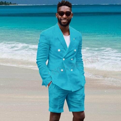 2020 Sea Blue Linen Mens Suit With Shorts Casual Blazers Summer Beach Wedding Suits For Men Slim fit Groom Tuxedo Jacket Pants