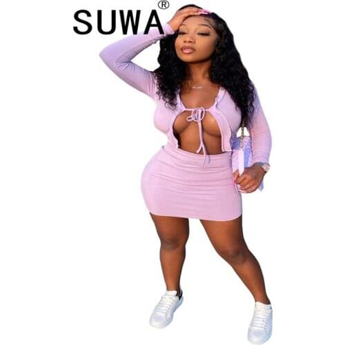 2020 New Product Classic Pink Clothes Two Piece Outfits Women Matching Sets Long Sleeve Jacket Top Mini Dress Skirts Clubwear