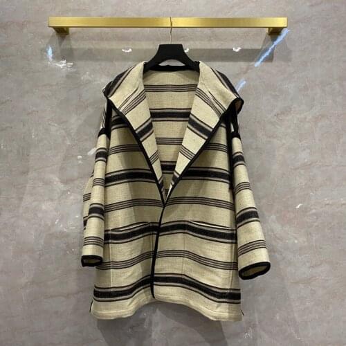 New Arrival Spring Autumn Fashion womens stripe loose overcoat High quality Wool hooded coat B673