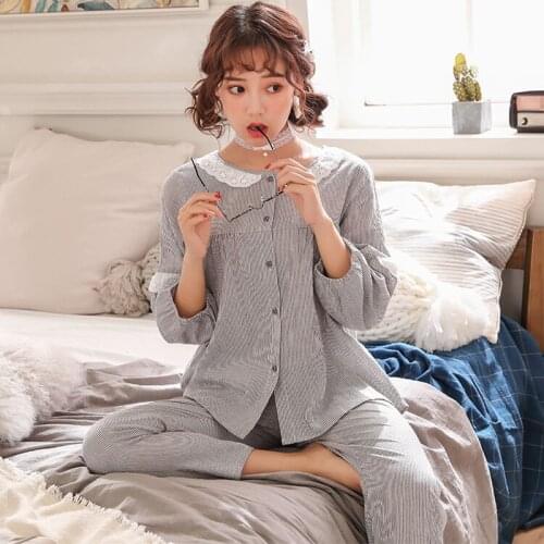 Summer Pajamas WomenS Cotton Thin Section Suit Sleeve Cute Girl Summer Plaid Stripes Sweet Cotton And Linen Home Service