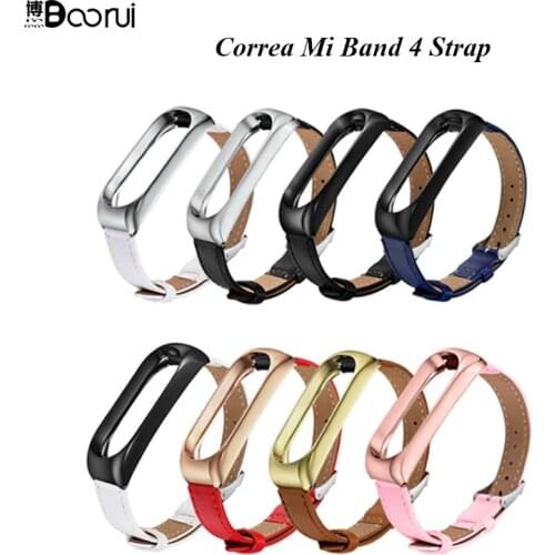 BOORUI Mi Band 4 Genuine Leather Watch Strap for Xiaomi mi band 3 4 strap Colorful Metal Miband 4 Bracelet