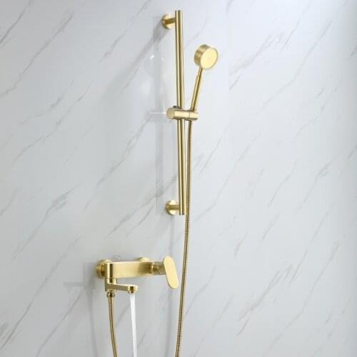 Luxury Brushed gold Brass bathroom shower faucet set Wall mounted cold hot water faucet with slide bar handheld shower head hose