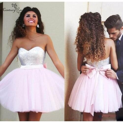Pink Short Homecoming Dresses 2020 Silver Sequins Big Bow Sweetheart Tulle Lovely Prom Party Gowns Cocktail Dress Cheap