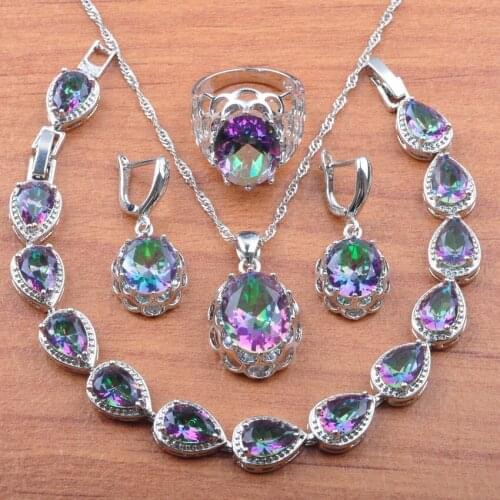 Silver Color Jewelry Sets Rainbow Zirconia Lady Wedding Jewelry Earrings Necklace Pendant Rings Bracelet JS0160