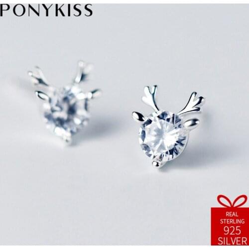 PONYKISS Romantic S925 Sterling Silver Minimalist Fashion Cute Crystal Deer Stud Earrings Women Jewelry Birthday Party Gift