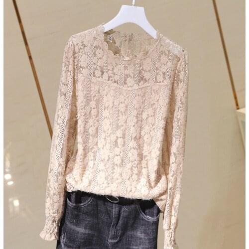 Thin Lace Women Blouse Summer New 2021 O-Neck Long-Sleeved Slim Loose Elegant Office Lady Elegant Pulls Tops