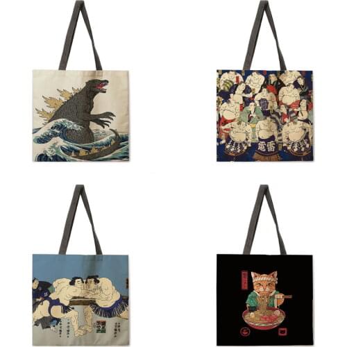 Japan Ukiyo-e print tote bag female casual folding shopping bag outdoor beach bag daily casual tote bag