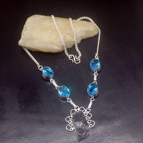 Hermosa Jewelry Natural OceanJasper BlueTopaz Silver Color Women Ladies Gifts Pendant Necklace Chain 46cm 20213385