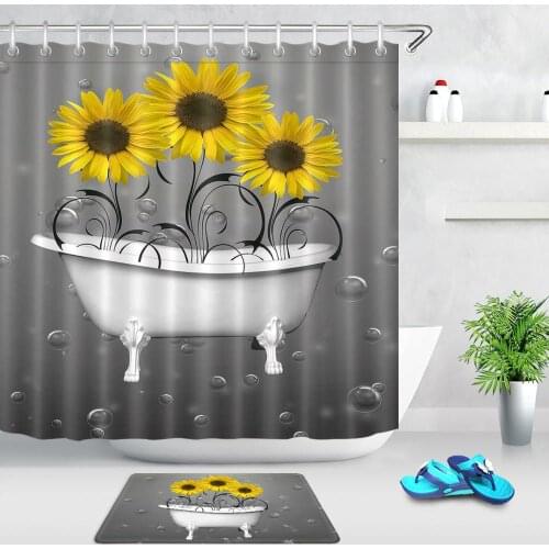 2pcs Yellow Flower Sunflower Bathtub Shower Curtain Waterproof Polyester Fabric Shower Curtain Bathroom Curtains Set with Mat