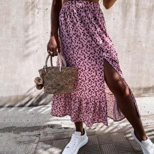 Bohemian Women Floral Print Split Skirt Summer A-line Ruffle Stitching Skirt Ladies Bohemian Floral Print Women Skirt 2021