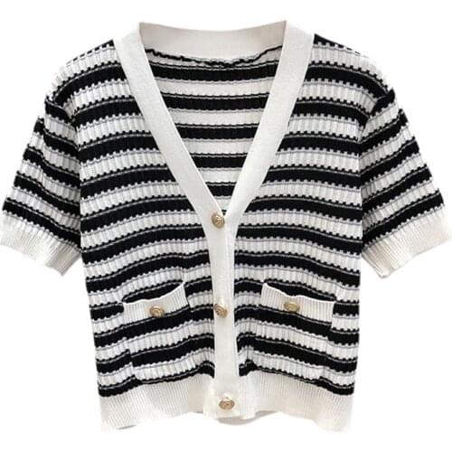 Womens Stripe V Neck Tshirt Sweet Casual Knitted Short Sleeves Cardigan Tee Shirt Tops