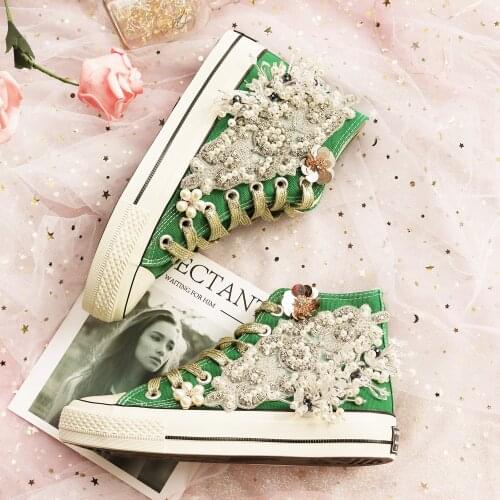 Retro ladies high top canvas shoes spring and autumn fashion handmade pearl sequins sweet casual shoes large size womens shoes