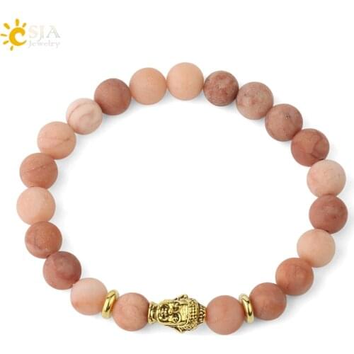 CSJA Natural Stone Matte Pink Aventurine Yoga Bracelet Women Mala Beads Stretch Bracelets for Unisex Buddha Prayer Bangles F440