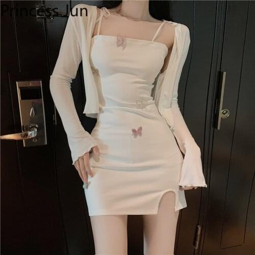 Women 2 Piece Skirt Sets 2021 New Spring Bodycon Straps Butterfly Sling Mini Dress&Long Sleeve Thin Shirt Cardigan 2pc Outfits