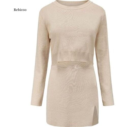 Womens 2 Pieces Set Knit Sweater with Skirt Sets Long Sleeve Crop Tops Split Female Suit Autumn Ladies Suits New